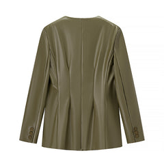 Women's Long-sleeved V-neck Leather Jacket