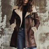 Faux Suede Zipper Composite Fur Integrated Turn-down Collar Coat