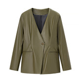 Women's Long-sleeved V-neck Leather Jacket