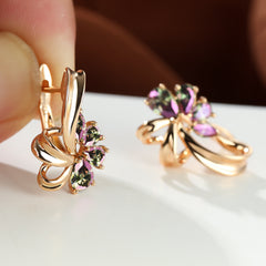 New Champagne Gold Colorful AB Diamond Flower Purple Earrings Female Fashion