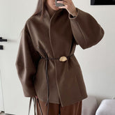 High-grade Brown Waist-tight Woolen Coat For Women