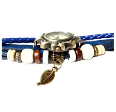 Beautiful Bohemian Style Retro Handmade Leather Tree Leaf Women's Watches Blue