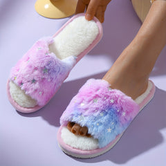 Fluffy Slippers Female Gradient Color Open Toe Cotton Slippers