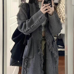 Retro Design Tassel Solid Color Sweater Coat