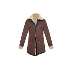 Faux Suede Zipper Composite Fur Integrated Turn-down Collar Coat