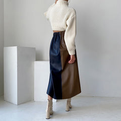 French Chic Retro Temperament Multi-color Mosaic Leather Skirt