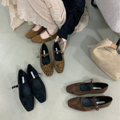 Vintage Suede Black Leather Flat Shoes Women's Buckle Comfortable Soft Bottom