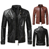 Men's Leather Coat Stand Collar Double Zipper