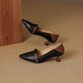 Women's Black Chunky Heel Shoes Low-cut Leather Shoes