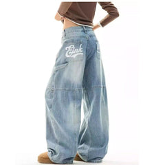 Washed Wide-leg Overalls Casual Straight-leg Long Pants American High Street Printed Jeans For Women