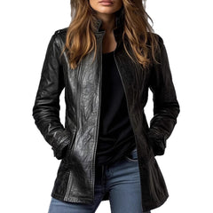 Women's Stand Collar Long Sleeve Distressed Fashion Leather Jacket Coat