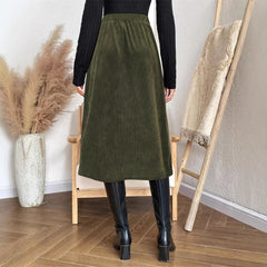 Leisure Commute Elastic Waist Breasted Patch Pocket Mock Fly Straight Mid-length Skirt