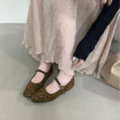 Vintage Suede Black Leather Flat Shoes Women's Buckle Comfortable Soft Bottom