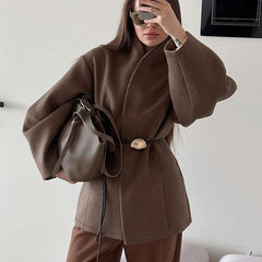High-grade Brown Waist-tight Woolen Coat For Women