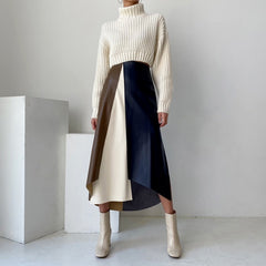 French Chic Retro Temperament Multi-color Mosaic Leather Skirt