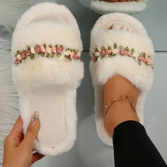 Flower Fluffy Slippers Female Soft Bottom Home Word Cotton Slippers