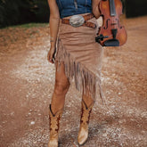 Women's Vintage Tassel Hem Irregular Suede Skirt