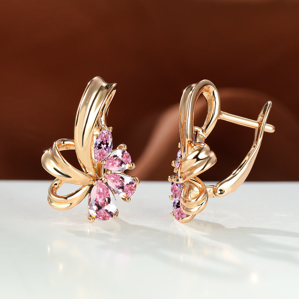 New Champagne Gold Colorful AB Diamond Flower Purple Earrings Female Fashion