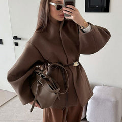 High-grade Brown Waist-tight Woolen Coat For Women
