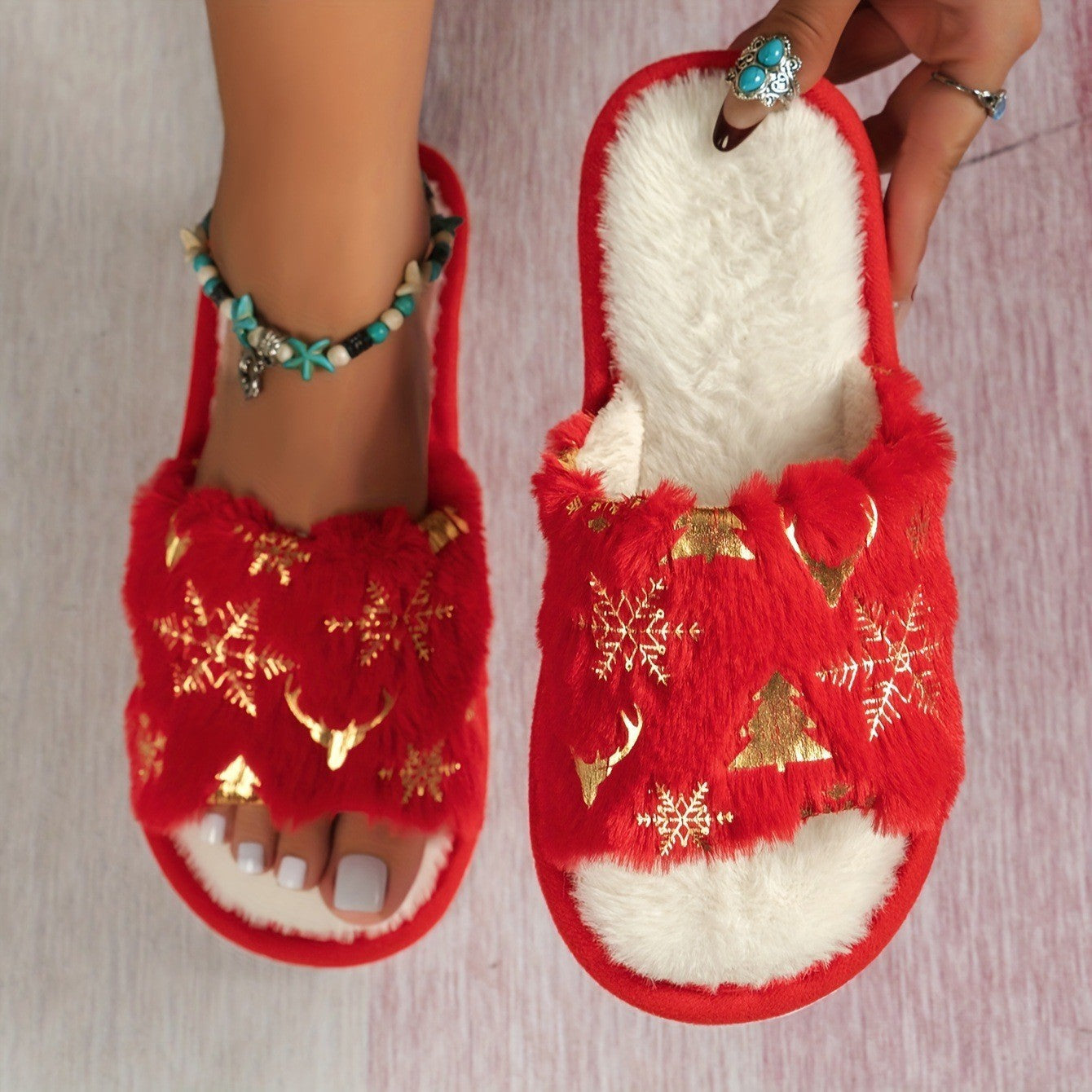 Christmas Plush Closed Toe Open Toe Cotton Slippers