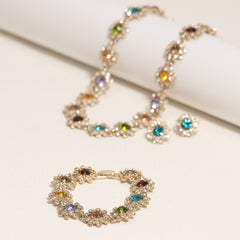 Colorful Rhinestone Necklace Women's Earrings Bracelet Set