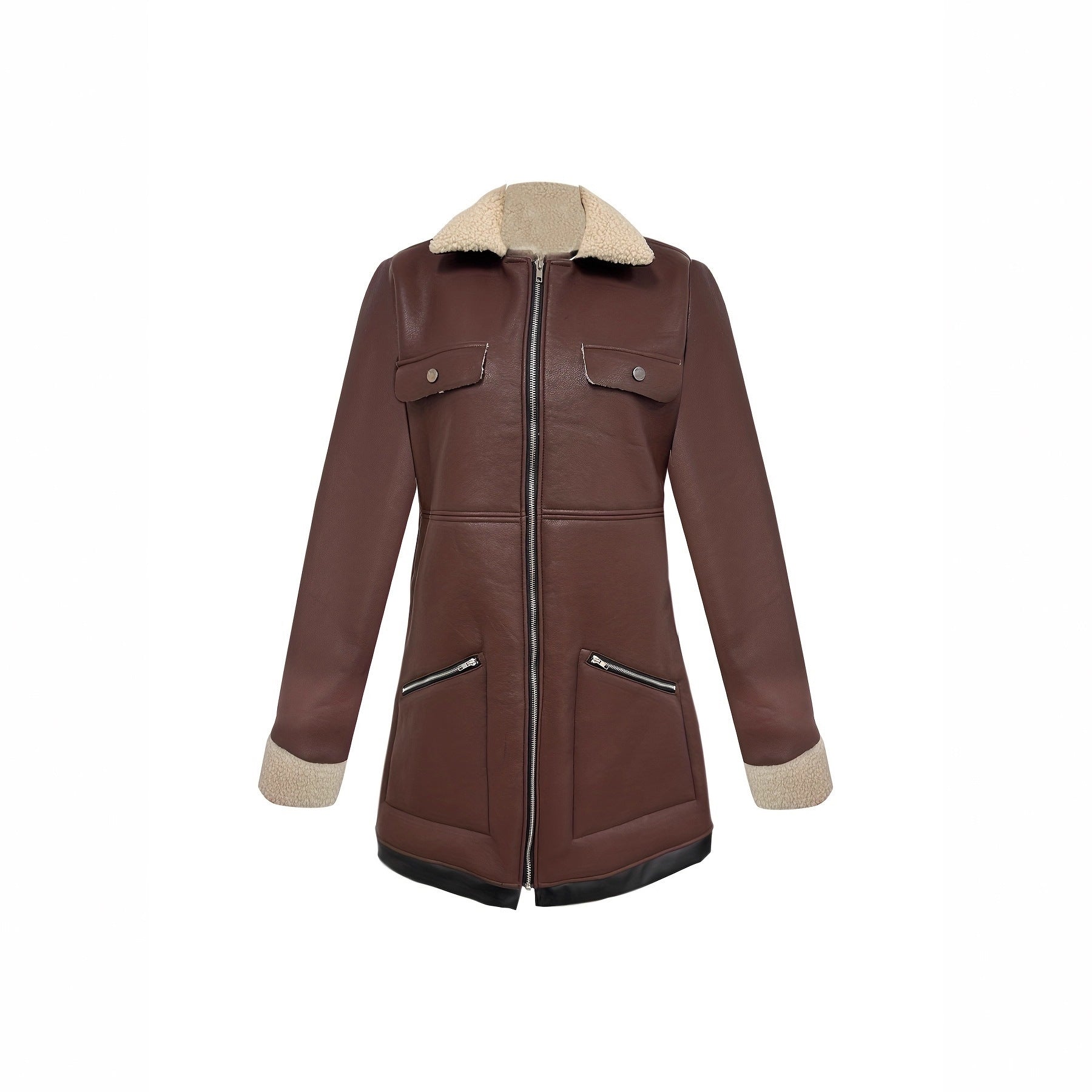 Faux Suede Zipper Composite Fur Integrated Turn-down Collar Coat