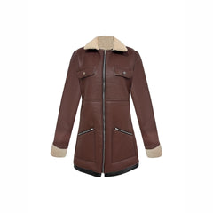 Faux Suede Zipper Composite Fur Integrated Turn-down Collar Coat