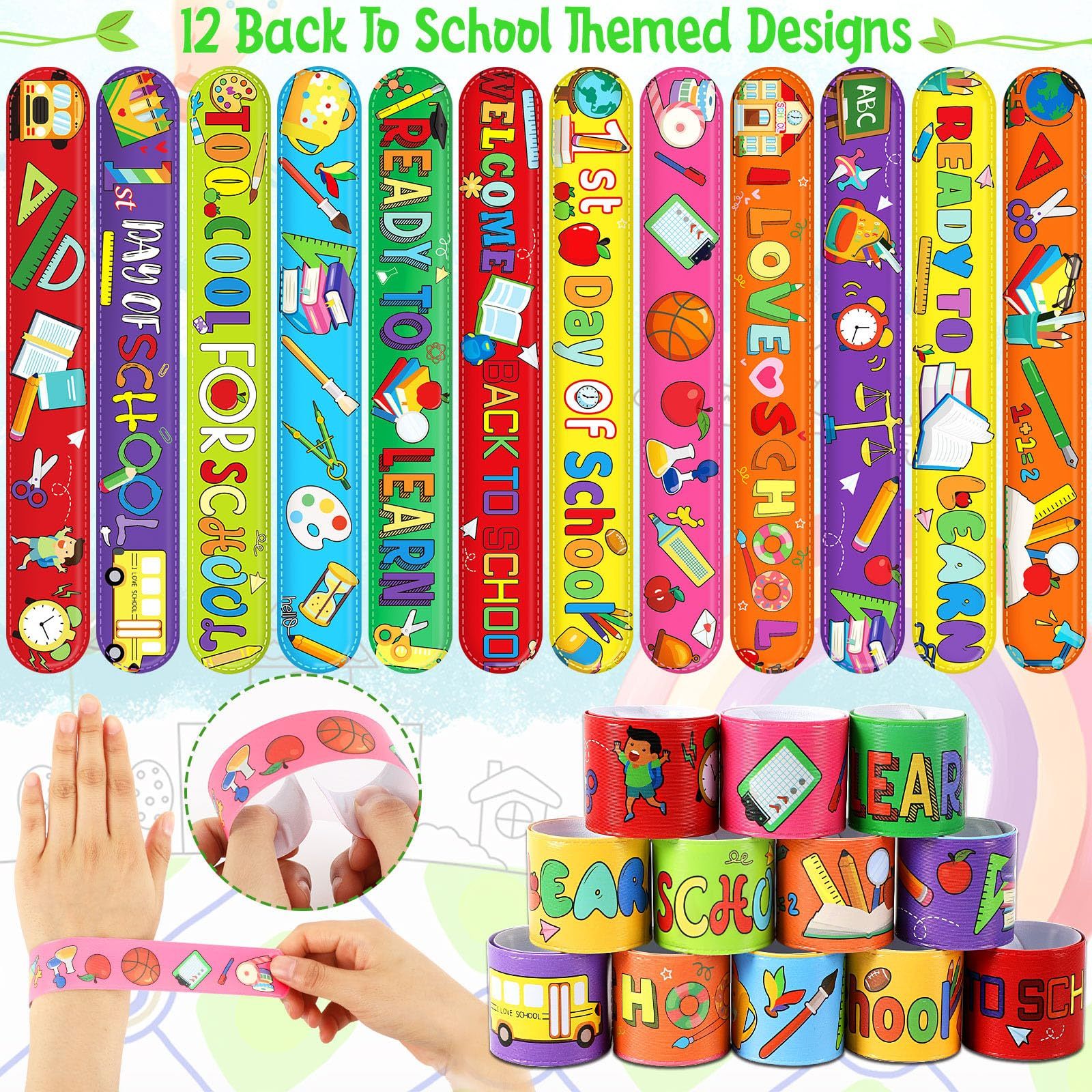 Back To School Slap Bracelets, 56 Pcs Welcome Back To School Gifts For Kids Students Party Favors Colorful Snap Bracelets-Ban On Selling On Amazon