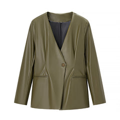 Women's Long-sleeved V-neck Leather Jacket