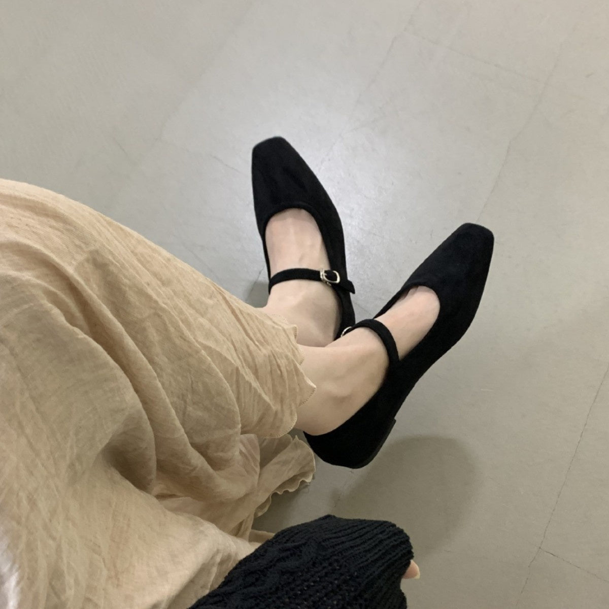 Vintage Suede Black Leather Flat Shoes Women's Buckle Comfortable Soft Bottom