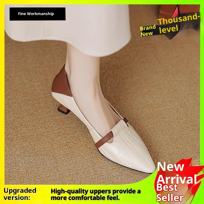 Women's Black Chunky Heel Shoes Low-cut Leather Shoes