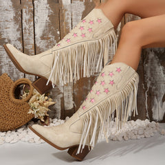 Fashion High Heel Tassel Embroidery Women's Leather Boots