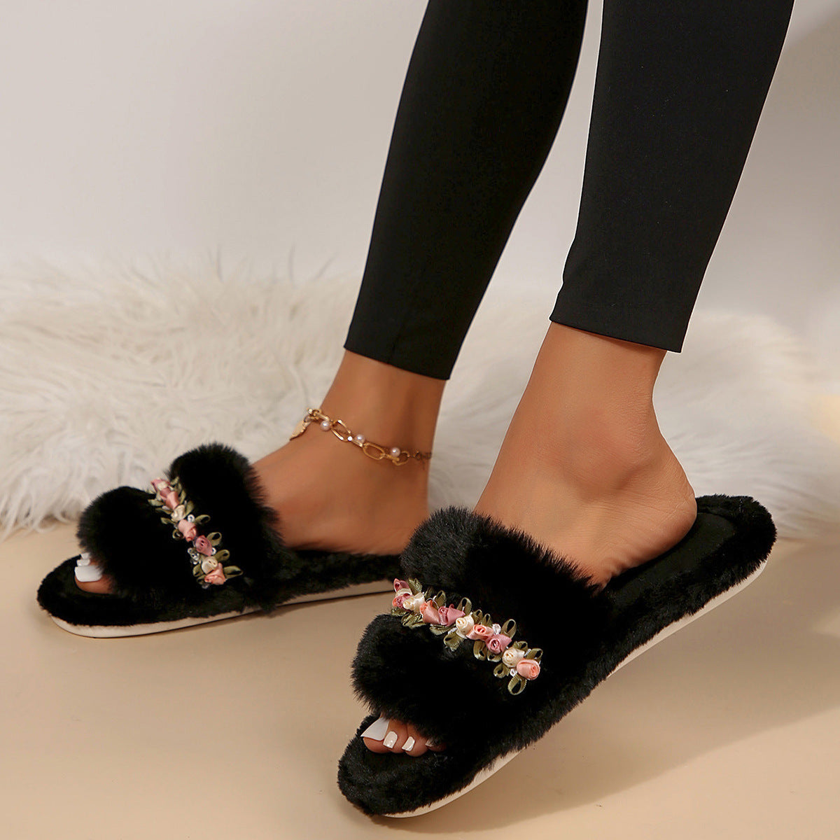 Flower Fluffy Slippers Female Soft Bottom Home Word Cotton Slippers