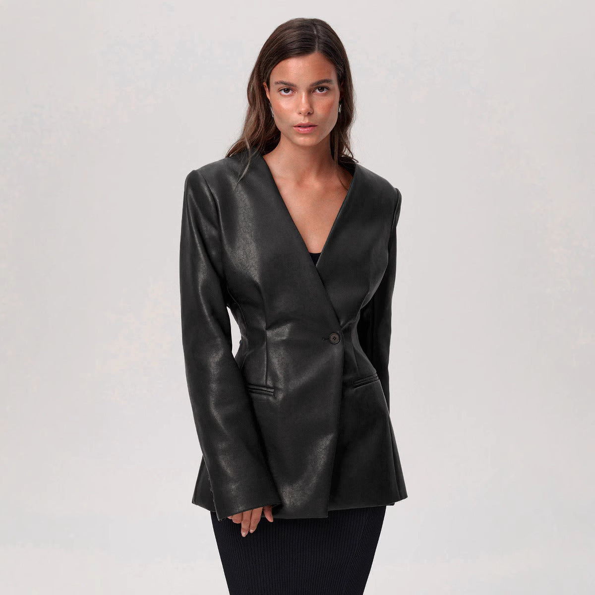 Fashionable Elegant Green V-neck Slim Suit Leather Coat