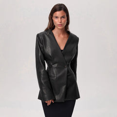 Fashionable Elegant Green V-neck Slim Suit Leather Coat