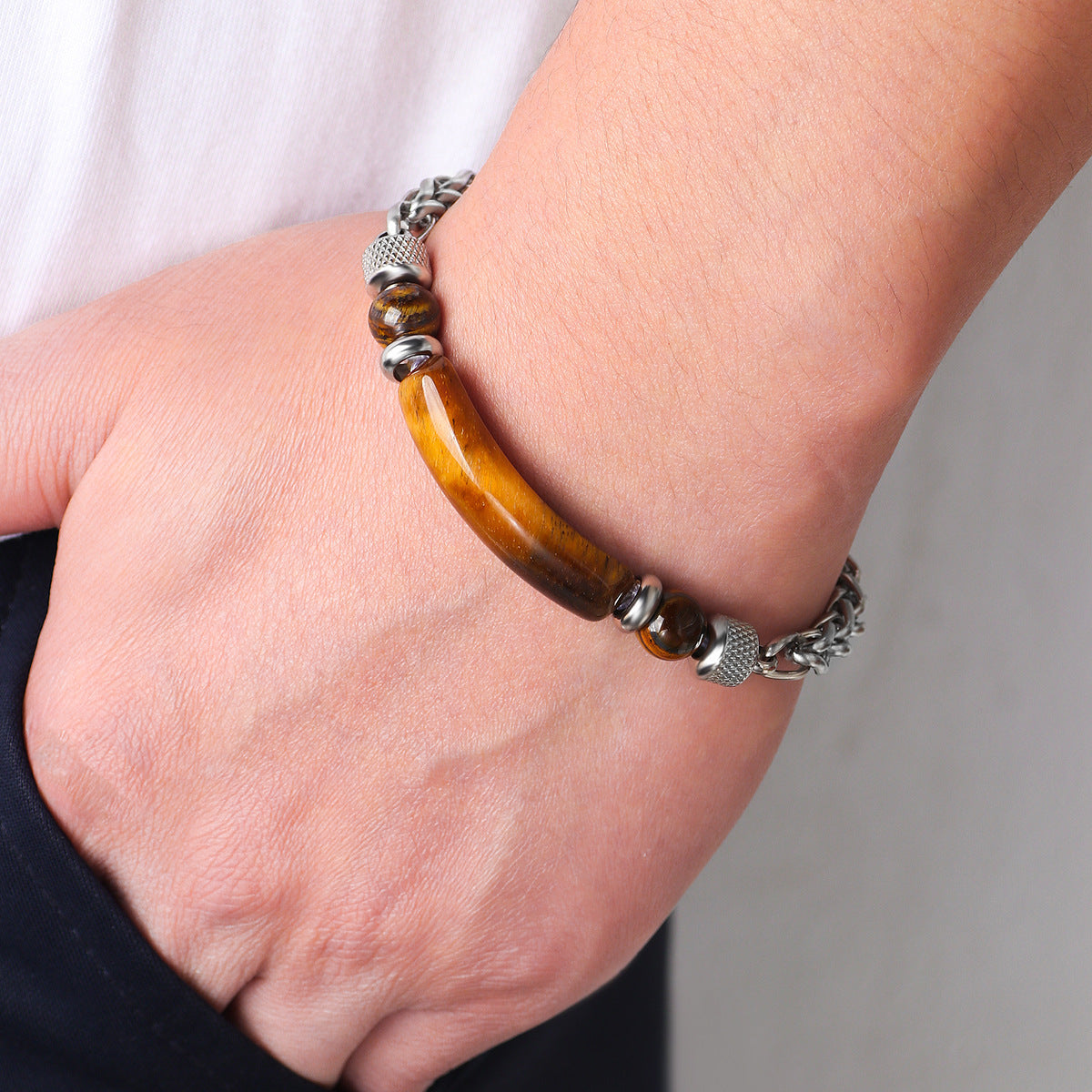 Natural Stone Bracelet Men's Chain Splicing Tiger Eye Stone