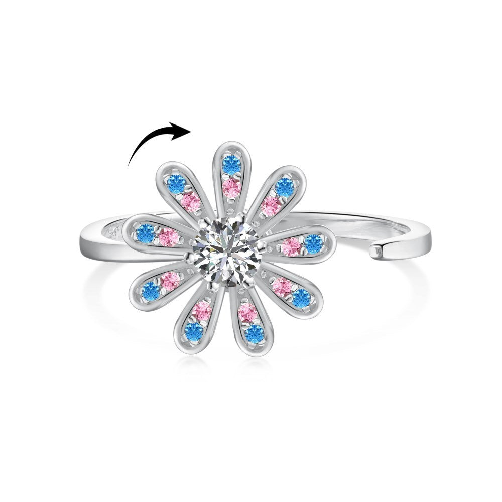 S925 Sterling Silver Flowers Diamond Decompression Rotatable Fashion Ring