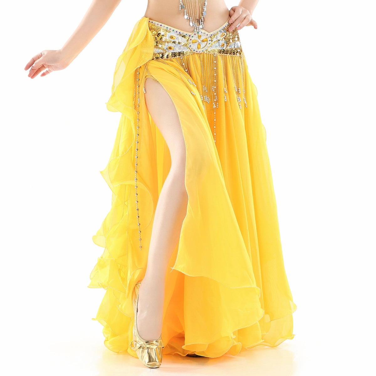 Chiffon Roll Leaf Double Slit Ear Skirt Belly Dance Dress