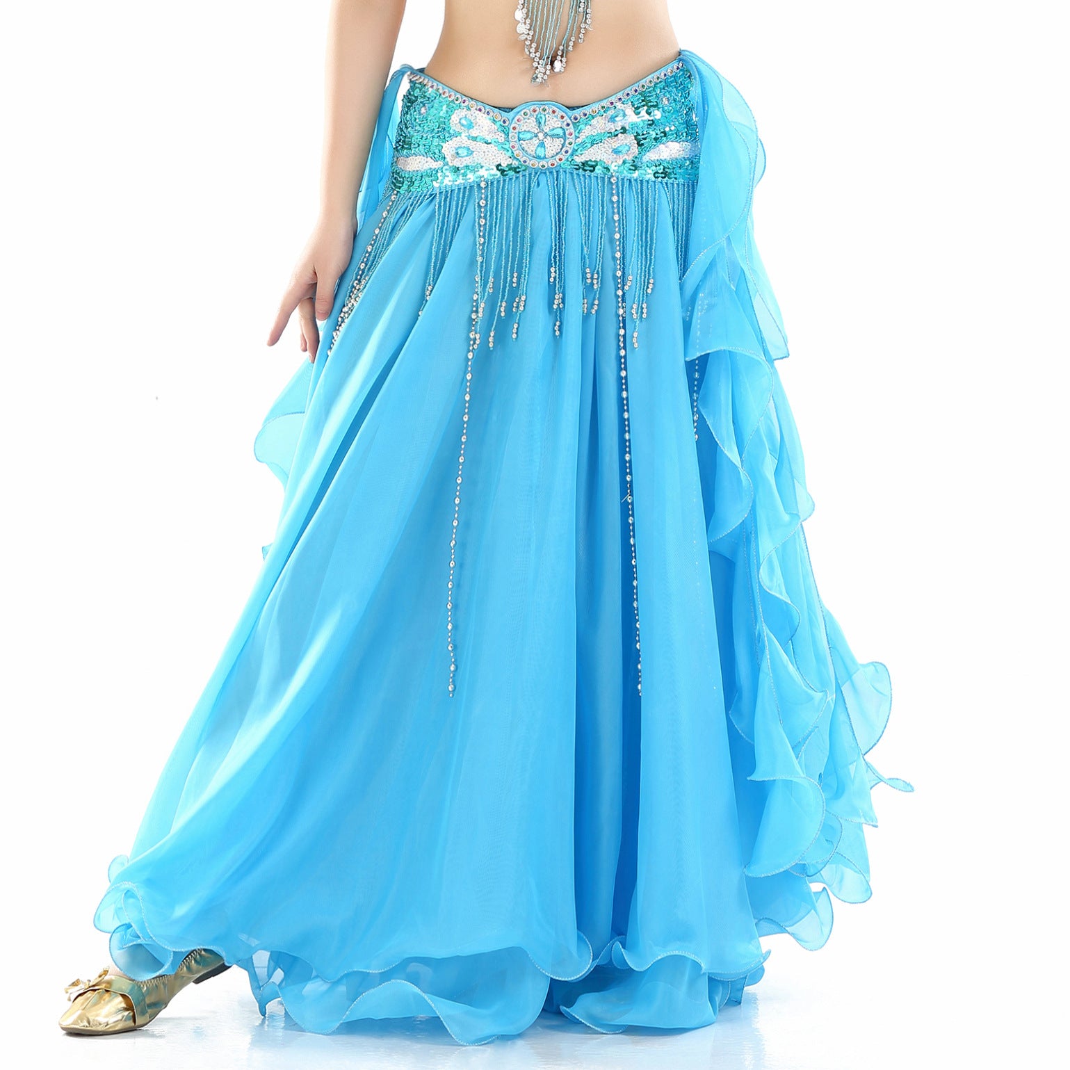 Chiffon Roll Leaf Double Slit Ear Skirt Belly Dance Dress