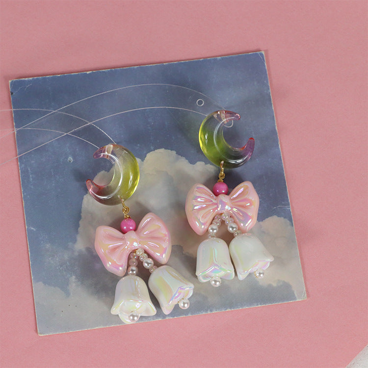 Gradient Moon Bow Blue Bell Vintage Earrings