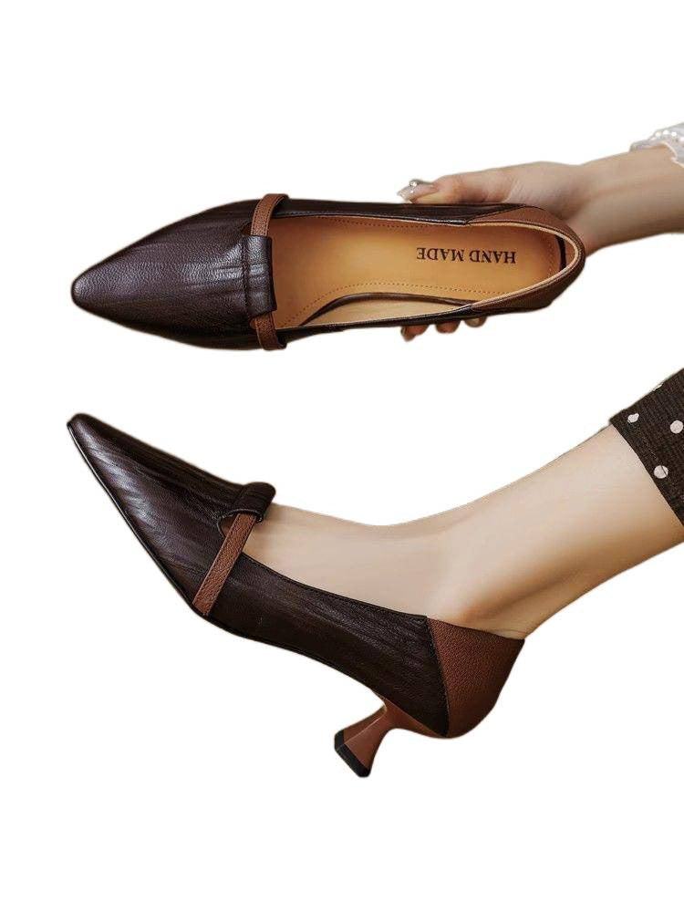 Women's Black Chunky Heel Shoes Low-cut Leather Shoes