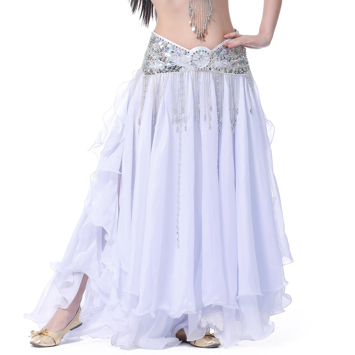Chiffon Roll Leaf Double Slit Ear Skirt Belly Dance Dress