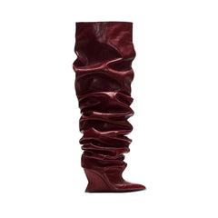 Catwalk Pleated Over-the-knee Boots Female Pointed Toe Wedge High-heel Boots