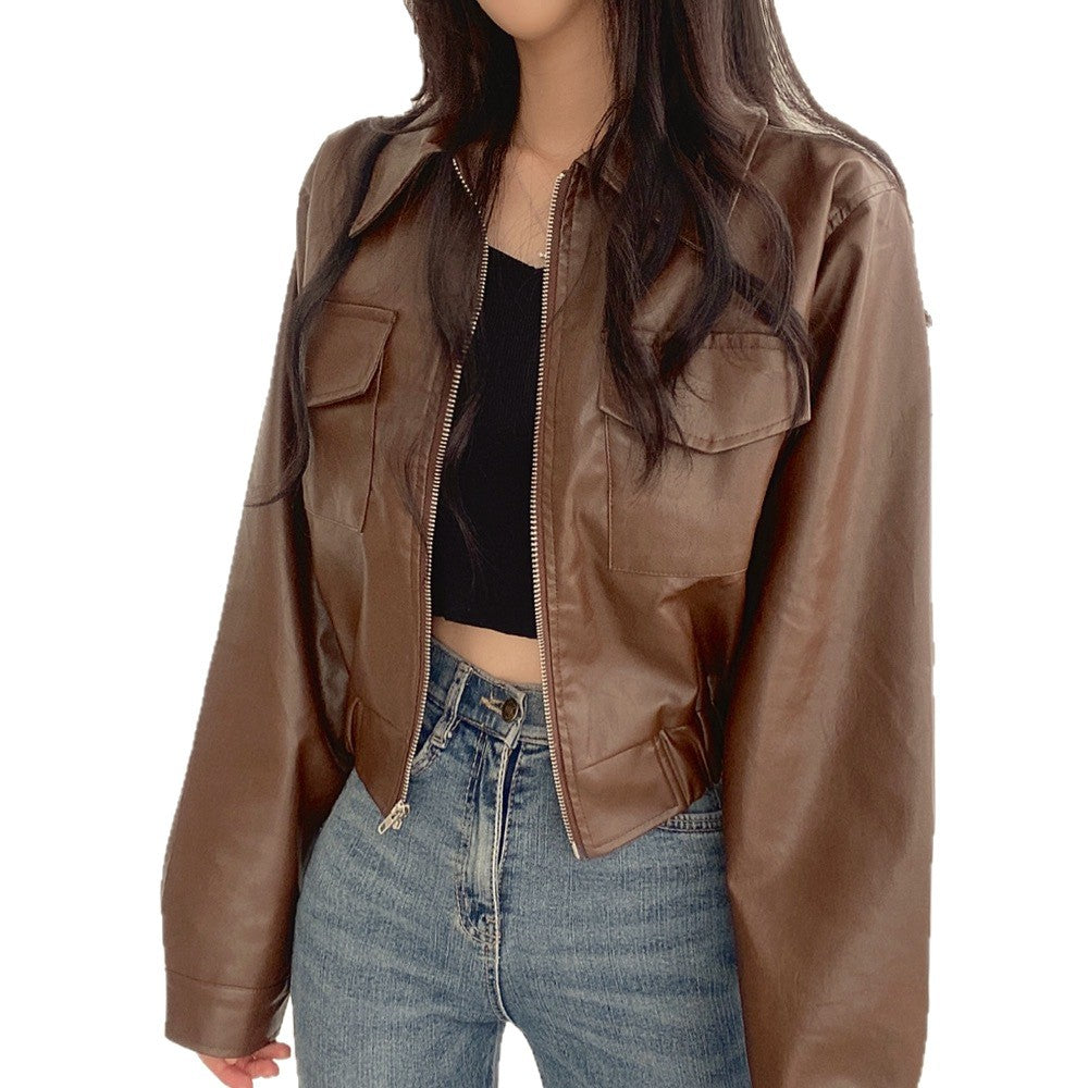 Double Pocket Lapel Leather Coat Leather Jacket Coat