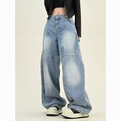 Washed Wide-leg Overalls Casual Straight-leg Long Pants American High Street Printed Jeans For Women