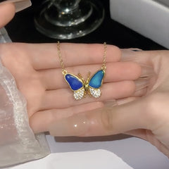 Gold Dripping Oil Variable Temperature Magnetic Butterfly Necklace Women's Zircon Exquisite Clavicle Chain