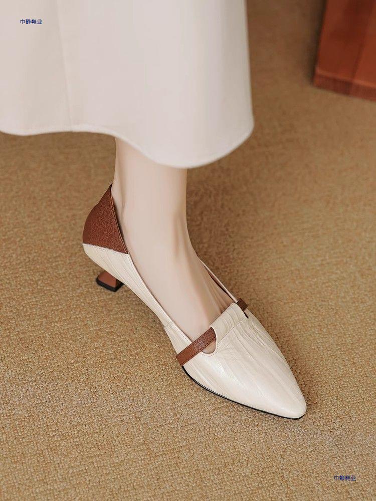 Women's Black Chunky Heel Shoes Low-cut Leather Shoes