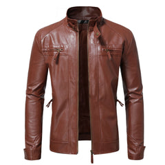 Men's Leather Coat Stand Collar Double Zipper