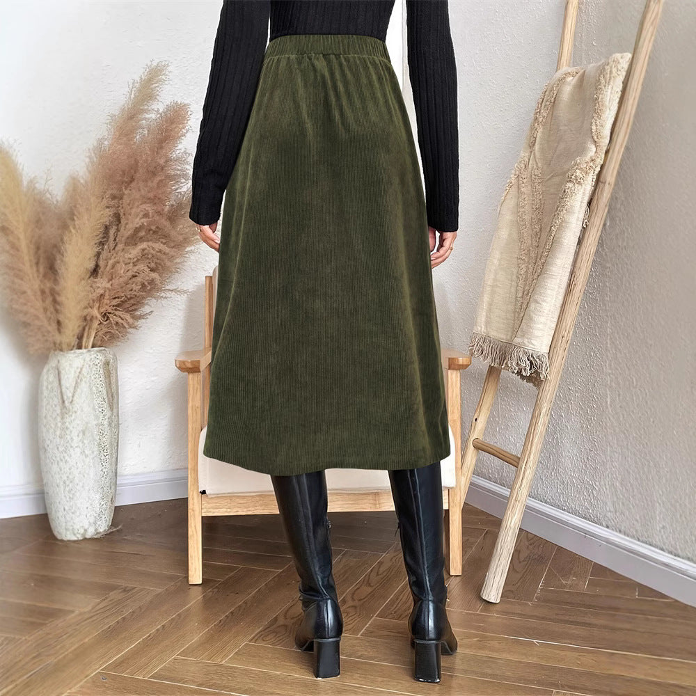 Leisure Commute Elastic Waist Breasted Patch Pocket Mock Fly Straight Mid-length Skirt