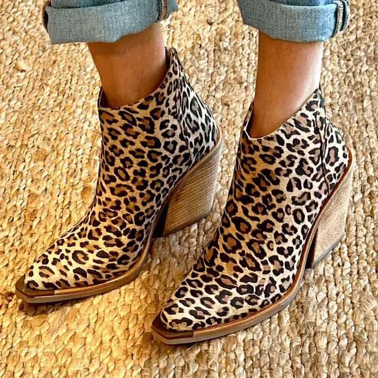 Leopard Pointed Ankle High-top Back Zipper Pull-up Boots For Women